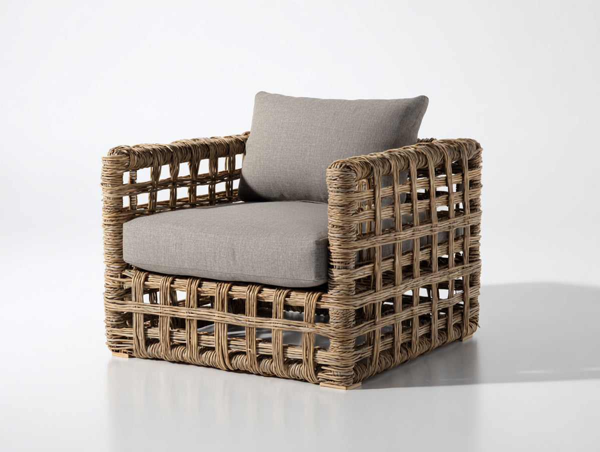 Polyrattan Gartensessel 80x85x75 cm - Naturbraun und Grau - moderner Loungesessel für Garten und Terrasse