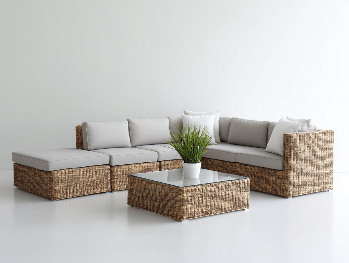Gartensofa Polyrattan Natur Beige 280x90x70 cm Lounge Sofa Set mit Tisch Outdoor Möbel Modernes Design