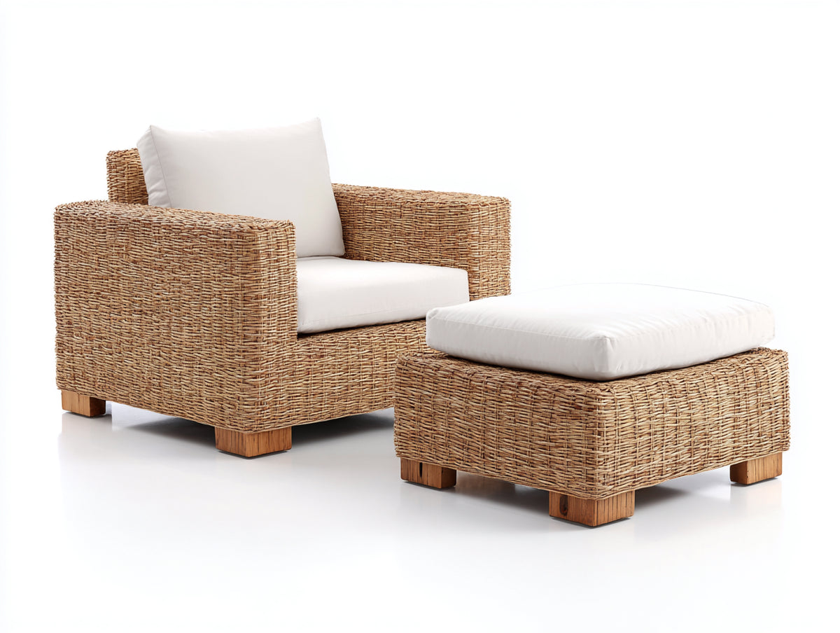Polyrattan Gartensessel 85x90x75 cm - Naturbraun und Weiß - moderner Loungesessel mit Fußhocker für Garten und Terrasse