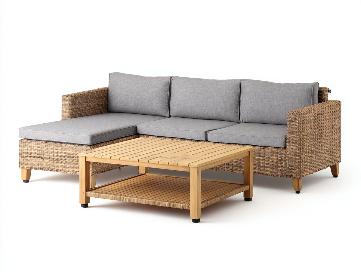 Gartensofa Polyrattan 300x160x78 cm - Grau und Naturholzfarben - moderne Loungegruppe für Terrasse und Garten