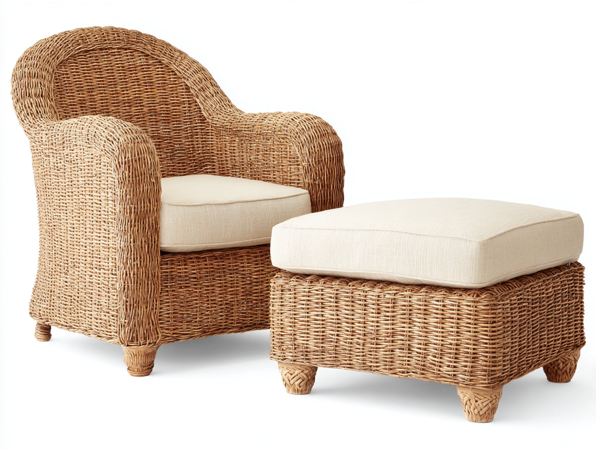 Polyrattan Gartensessel mit Fußhocker Naturfarben 85x80x95 cm Geflecht Sessel Set Outdoor Sitzmöbel Modernes Design