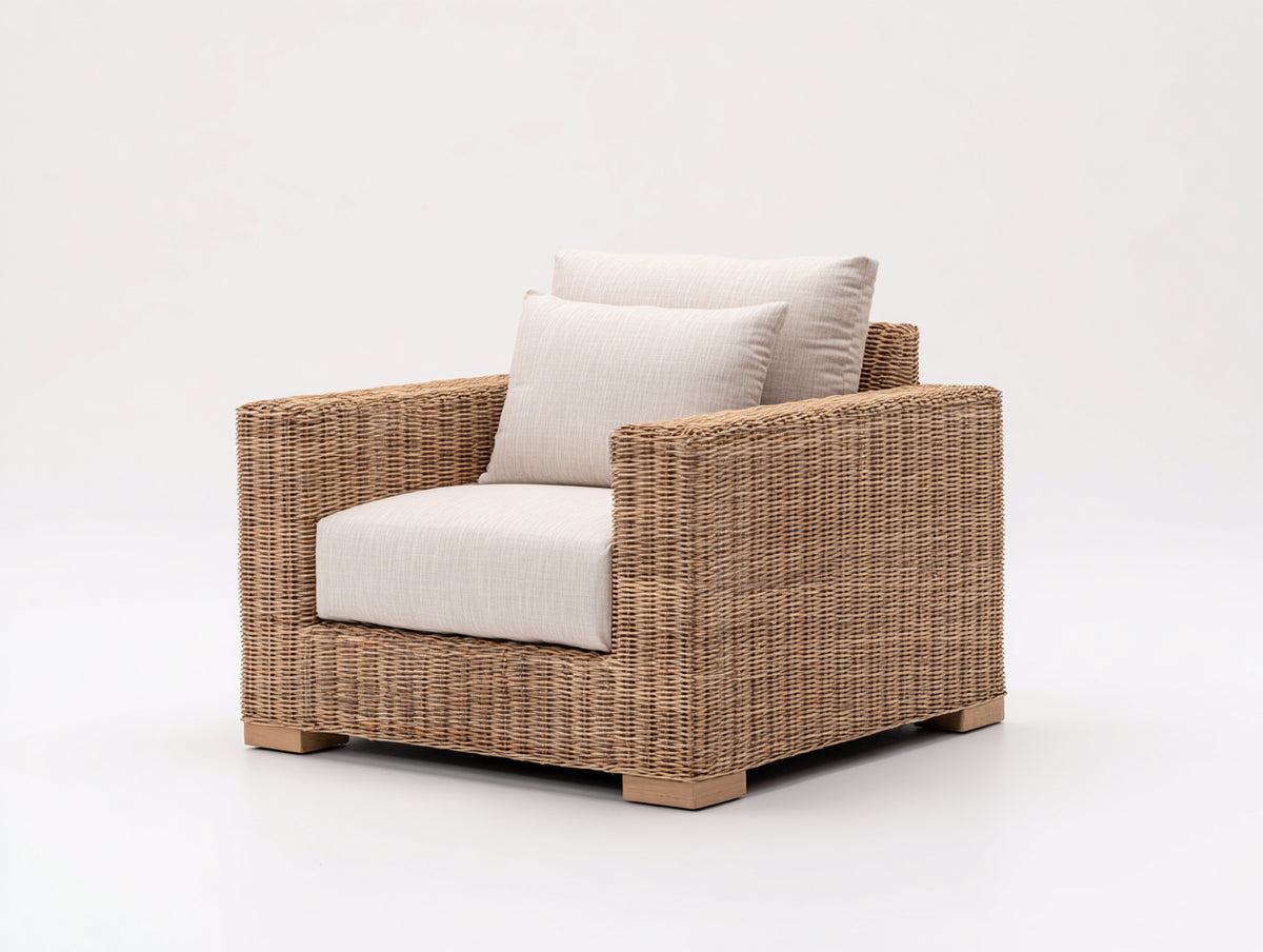 Polyrattan Gartensessel 90x90x75 cm - Naturbraun und Beige - Moderner Outdoor Sessel