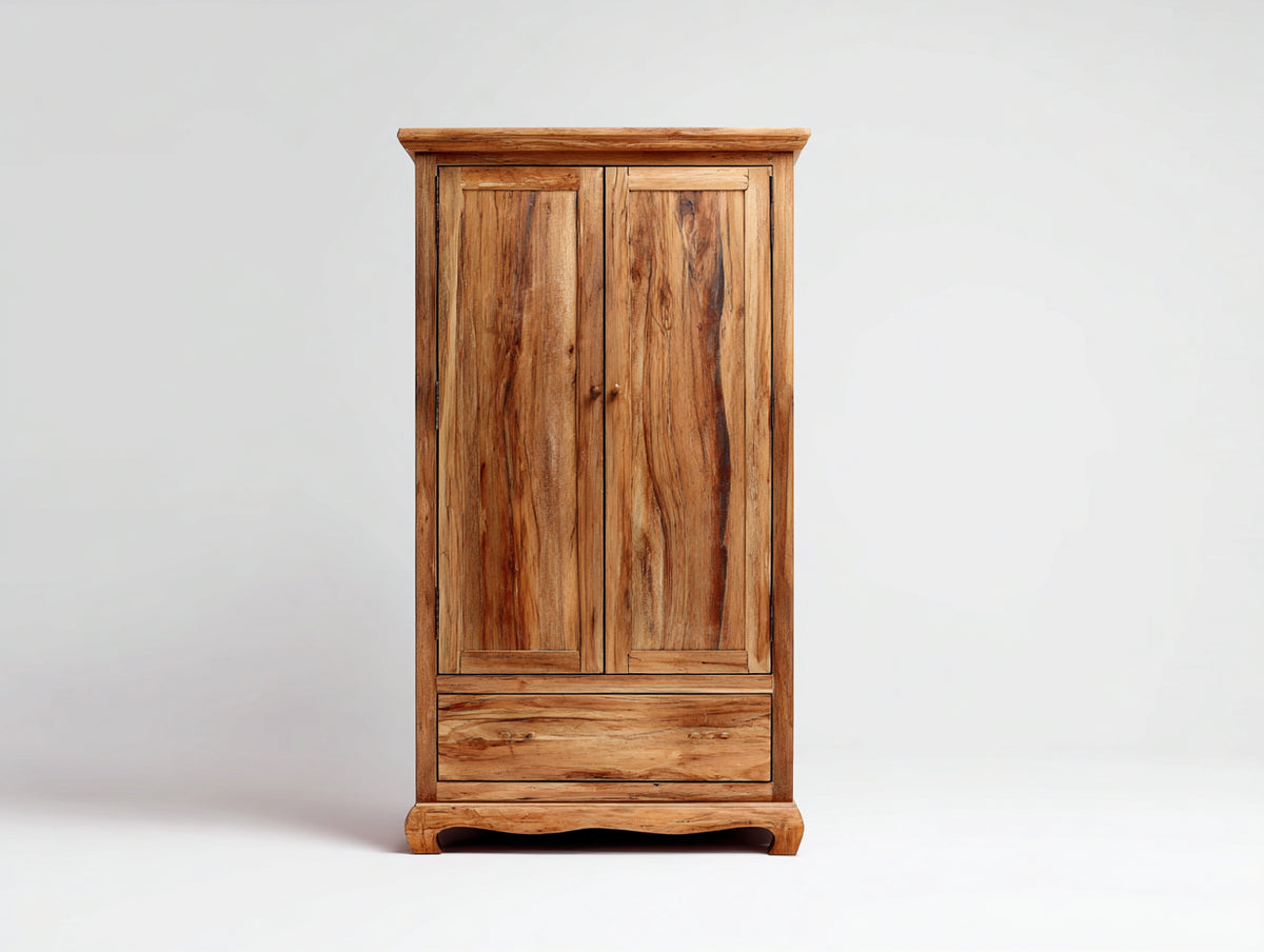 Kleiderschrank Massivholz 100x55x190 cm - Naturholz - Klassischer Schlafzimmerschrank mit Türen und Schublade
