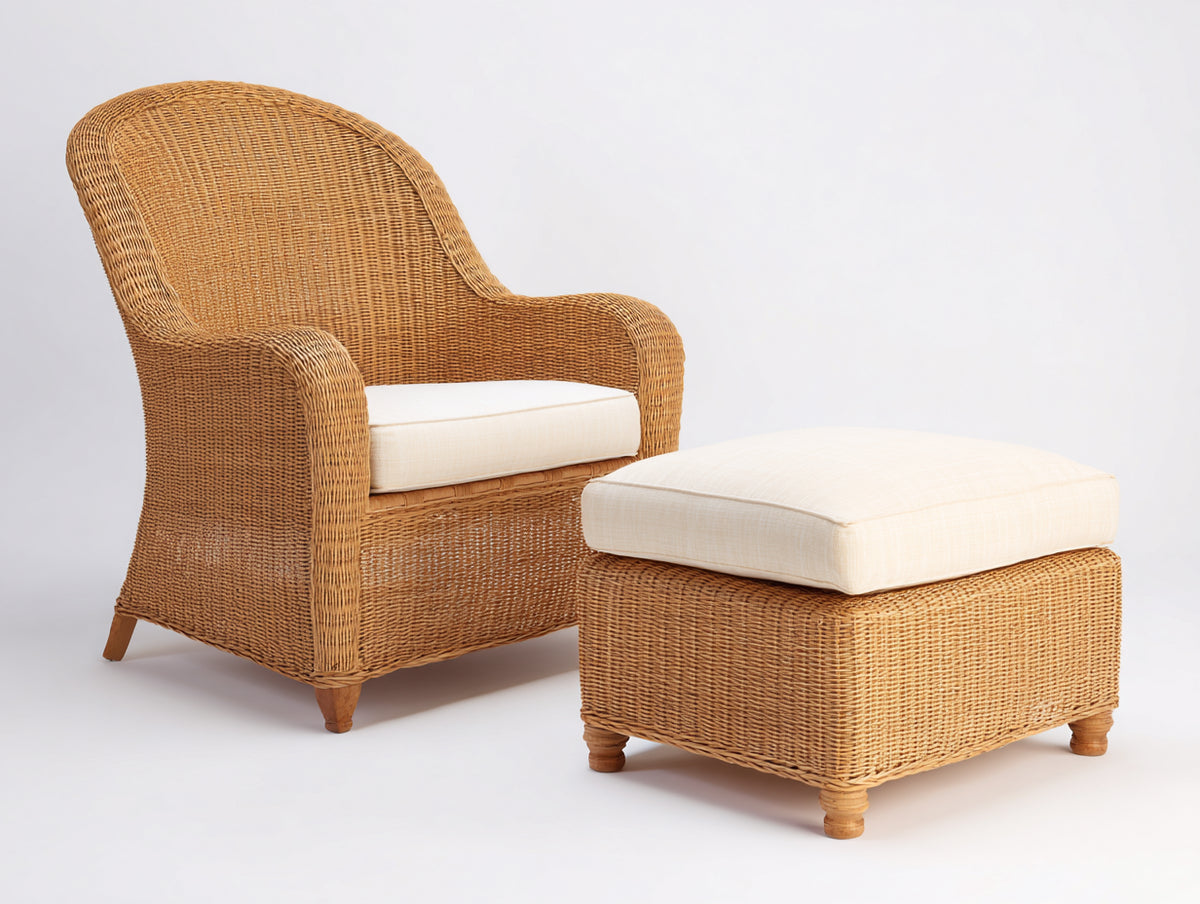 Polyrattan Gartensessel Naturfarbe 85x90x100 cm mit Hocker Lounge Stuhl Outdoor Möbel Geflecht Design
