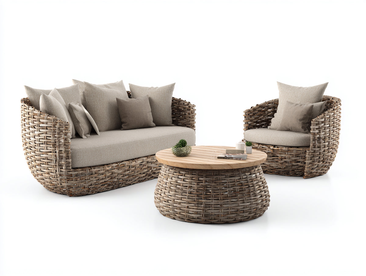 Gartensofa Polyrattan Set 240x90x75 cm - Beige und Naturholz - Modernes Outdoor Lounge Sofa